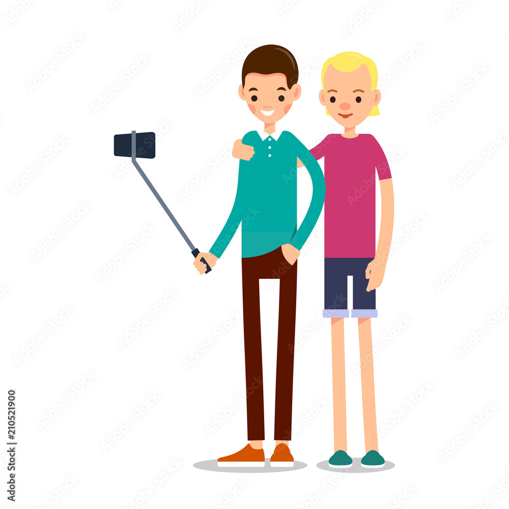 Man selfie isolated. Friends do joint self-portrait photograph. Happy smiling young man taking selfie photo. Illustration in flat style. Isolated Man selfie isolated. Friends do joint self-portrait photograph. Happy smiling young man taking selfie photo. Illustration in flat style. Isolated