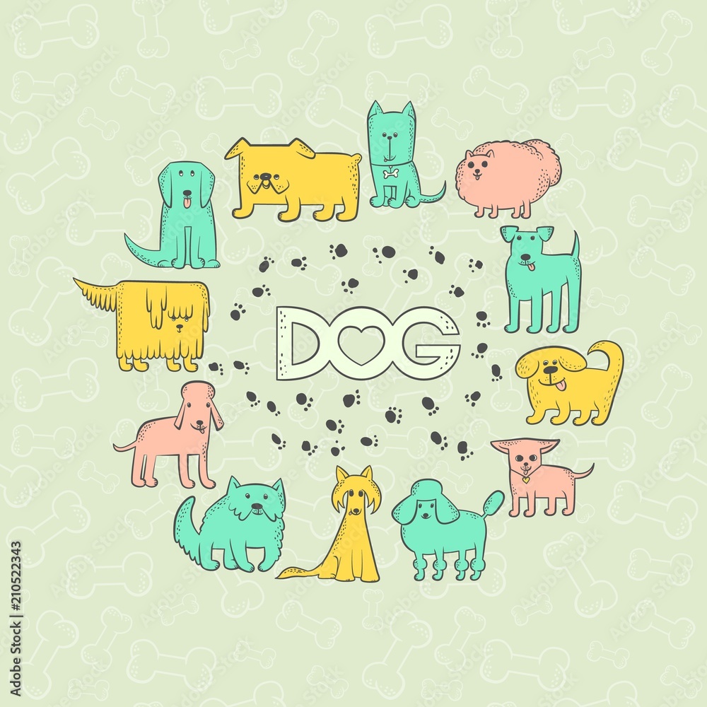 Vector set of different dog breeds. Round frame funny caricature ...