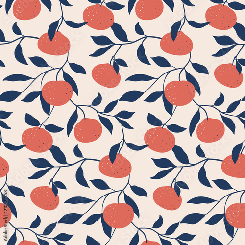 Hand drawn seamless pattern with Tangerines. Vector backdrop. Wallpaper with ripe citrus fruits. Good for fabric, textile, printing.