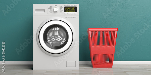 Clothes washer, dryer machine and red laundry basket on wooden floor, green wall background. 3d illustration photo