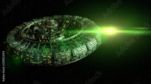 Fototapeta Naklejka Na Ścianę i Meble -  huge space station in outer space lit by a mysterious green light