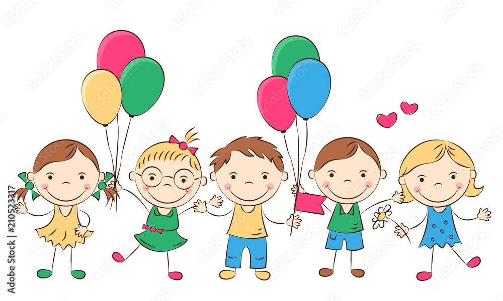 Funny doodle kids with colored flags. Happy cartoon boys and girls. Holidays, vacations, weekends. Vector illustration