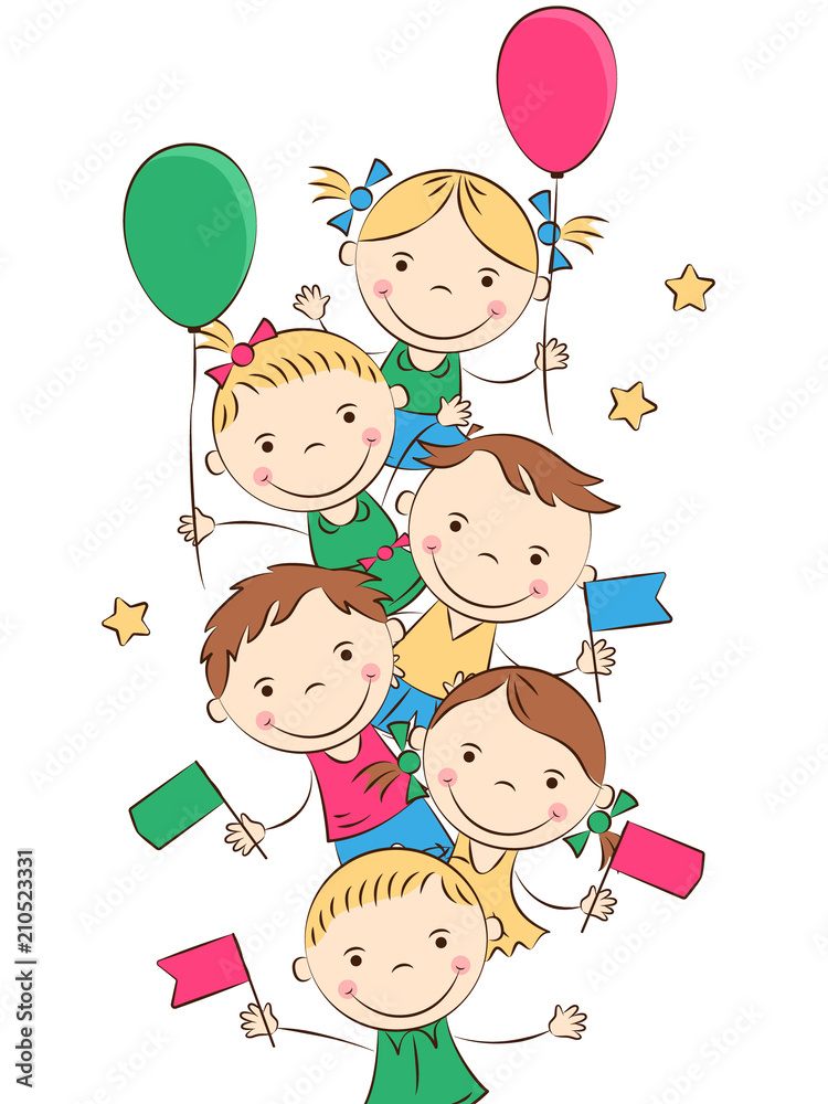 Happy cartoon kids with colored flags and balloons. Funny boys and girls. Holidays, vacations, weekends. Vector illustration Happy cartoon kids with colored flags and balloons. Funny boys and girls. Holidays, vacations, weekends. Vector illustration