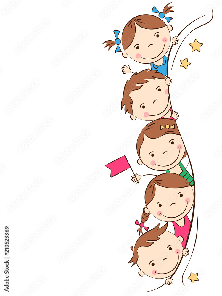 Happy cartoon kids. Funny boys and girls. Holidays, vacations, weekends. Place for your text. Vector illustration Happy cartoon kids. Funny boys and girls. Holidays, vacations, weekends. Place for your text. Vector illustration