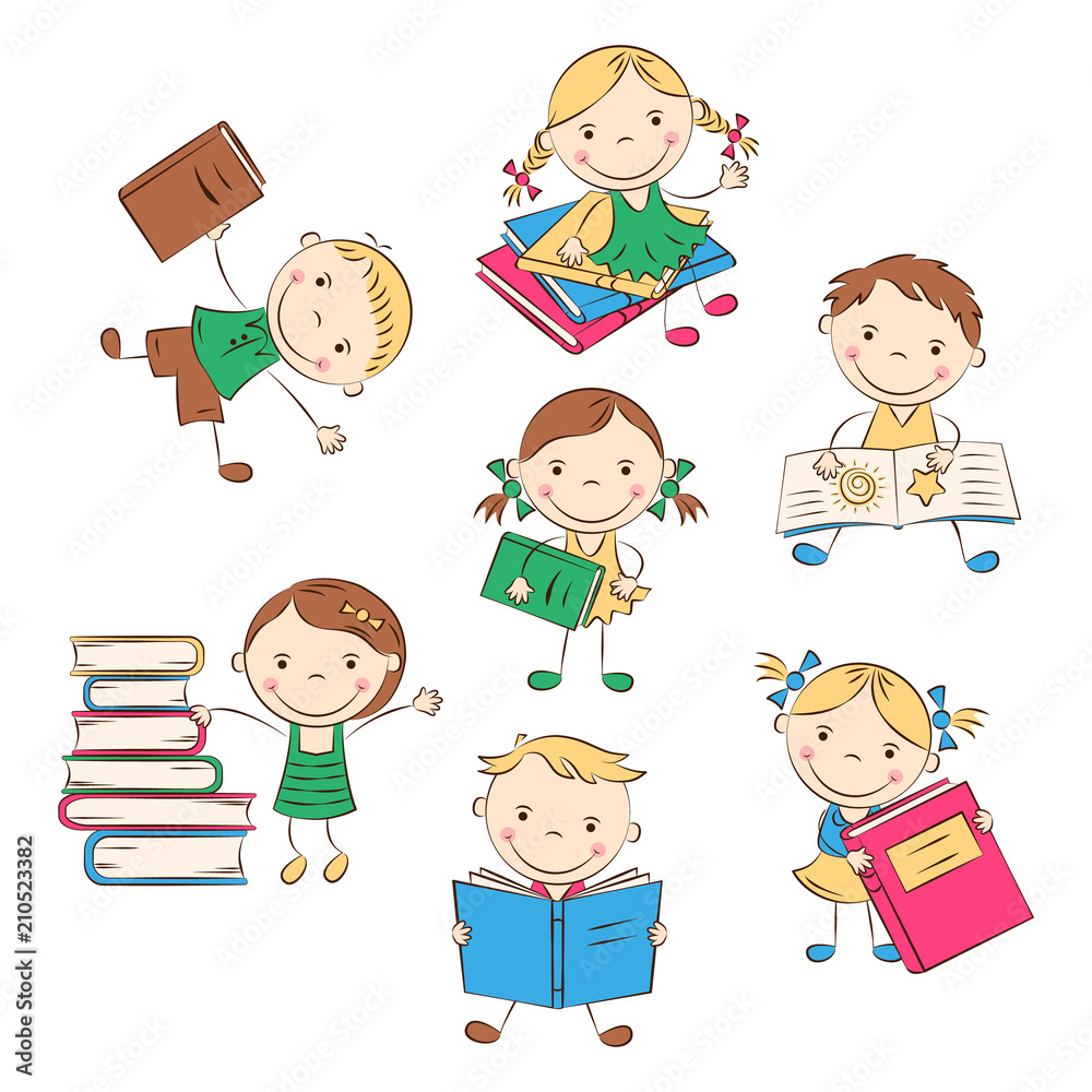 Funny doodle kids with colored books. Happy cartoon boys and girls. Education and school concept. Vector illustration Funny doodle kids with colored books. Happy cartoon boys and girls. Education and school concept. Vector illustration