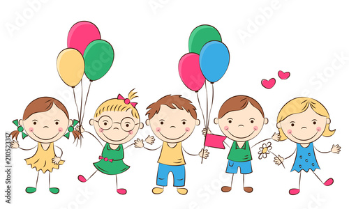 Funny doodle kids with colored flags. Happy cartoon boys and girls. Holidays, vacations, weekends. Vector illustration