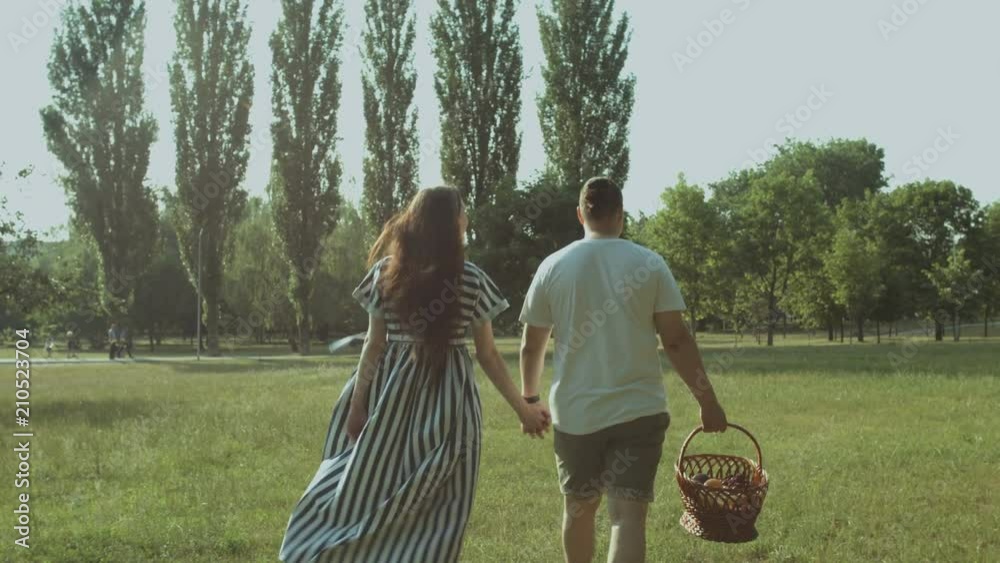 Back view of cheerful young family holding hands, carrying picnic basket and going on summer picnic in rays of setting sun. Cheerful couple enjoying leisure and walking in public park.