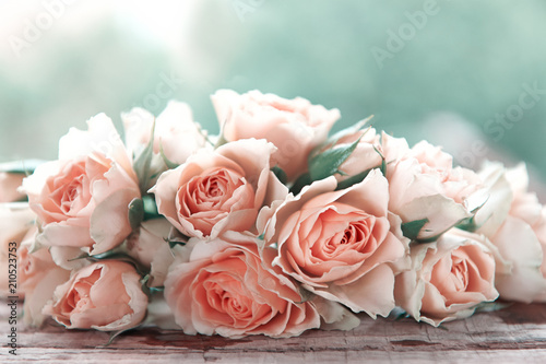 several pink roses on a wooden table © evafesenuk