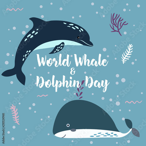 July 23 - the world day of whales and dolphins. Whale and Dolphin together. photo