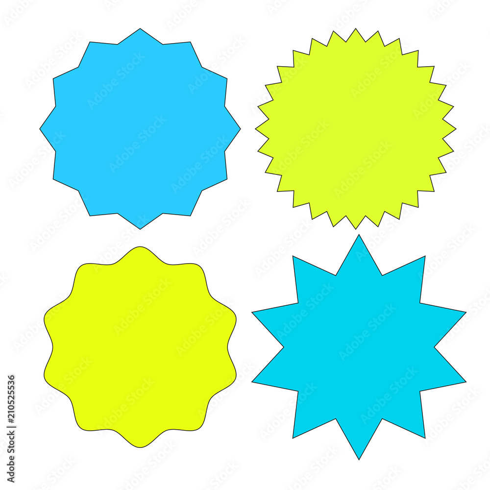 Set of multicolor starburst stamps on white background. Badges and labels various shapes. Vector illustration Set of multicolor starburst stamps on white background. Badges and labels various shapes. Vector illustration