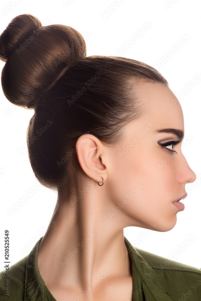 beautiful young girl with gorgeous hair, in profile face closeup