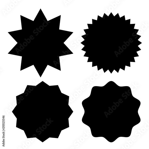 Set of black starburst stamps on white background. Badges and labels various shapes. Vector illustration
