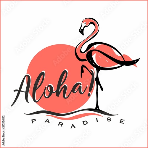 Aloha. Lettering. Flamingo. Sunset. Logo. Welcome card. Tourism industry. Vector.