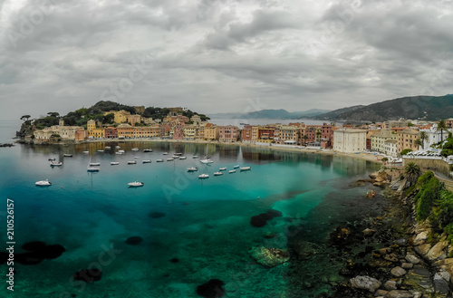 Aerial View of Sestri Levante town in Liguria, Italy. Scenic Mediterranean riviera coast. Historical Old Town with colorful houses and sand beach at beautiful coast of Italy.