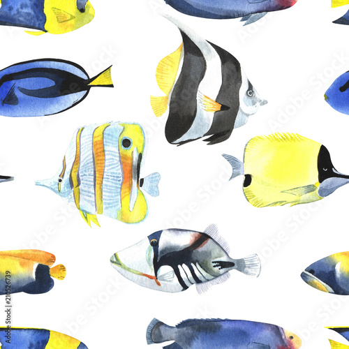 Tropical fish, in watercolor style. Seamless pattern.