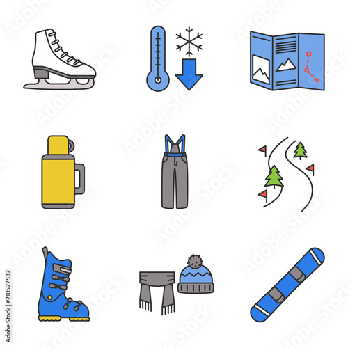 Winter activities color icons set