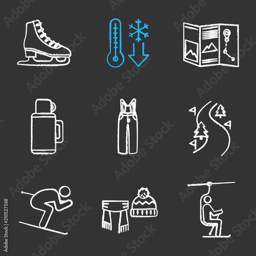 Winter activities chalk icons set