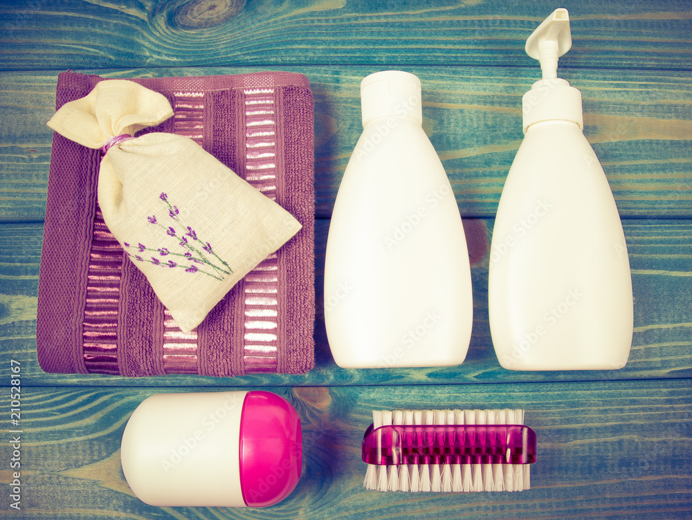 SPA accessories for hygenic and bath in a composition on a blue background. SPA accessories for hygenic and bath in a composition on a blue background.