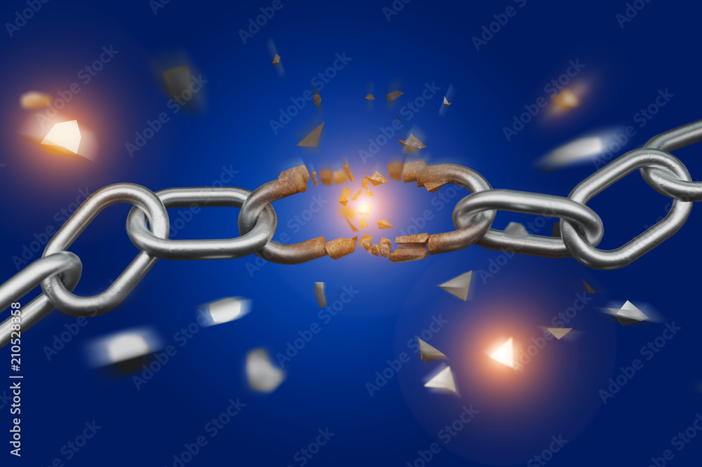 Weak link of a Broken chain exploding - 3d render Weak link of a Broken chain exploding - 3d render