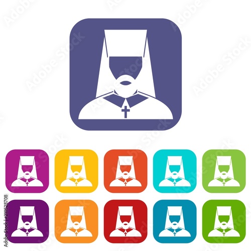 Orthodox priest icons set vector illustration in flat style in colors red, blue, green, and other
