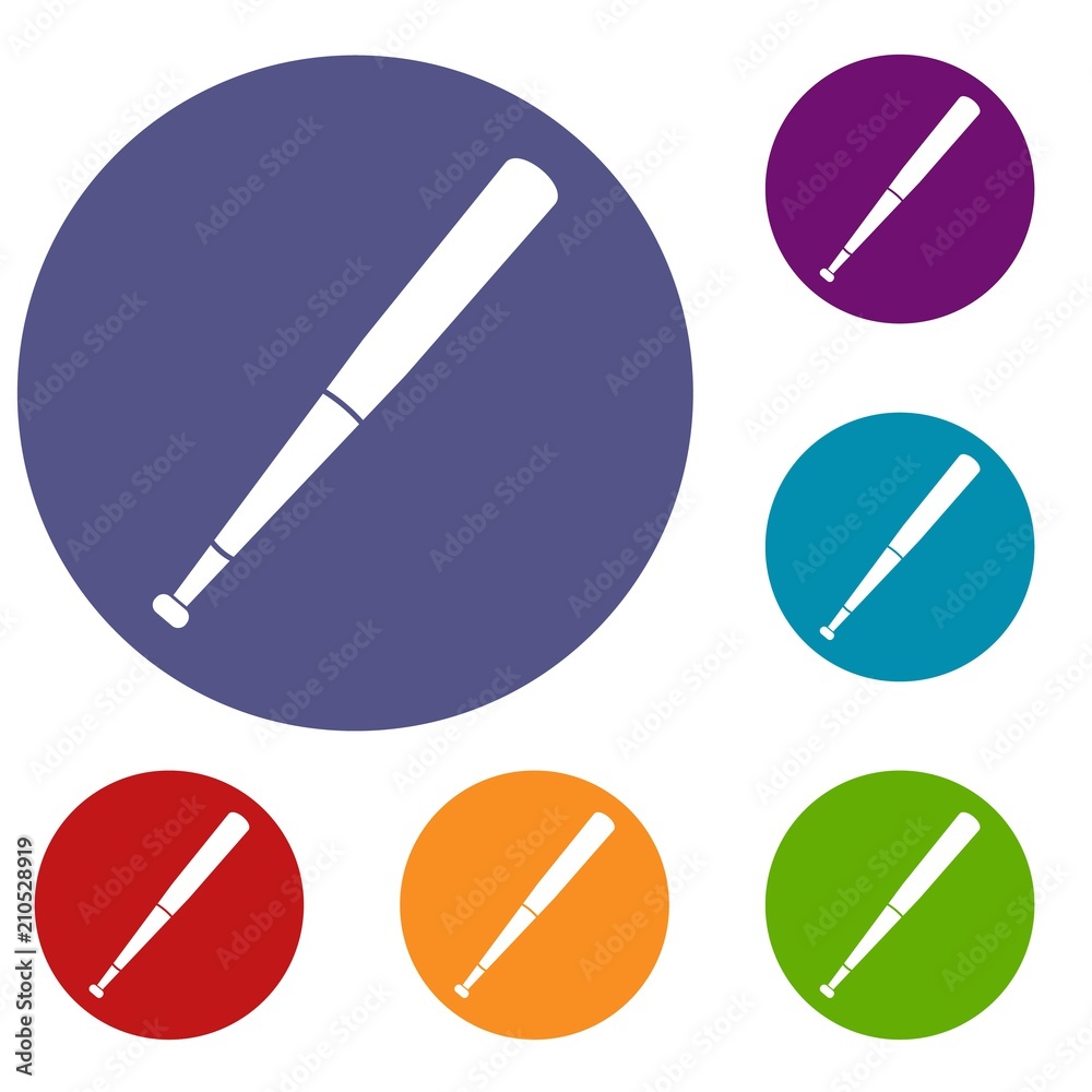 Black baseball bat icons set in flat circle red, blue and green color for web Black baseball bat icons set in flat circle red, blue and green color for web