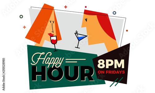 Happy Hour. Man Drinking Martini. Woman Drinking Wine. Drawn design element. Modern vector illustration for web, poster, invitation to party.