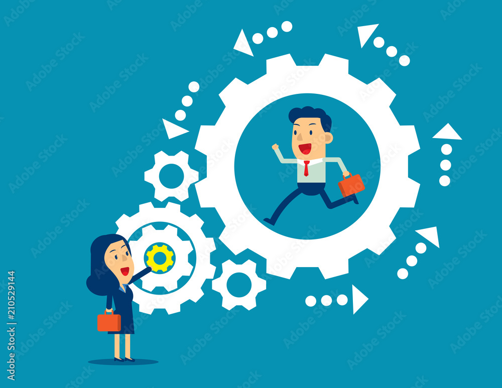 Teamwork. Manager working with employee together. Concept business vector illustration; Flat business cartoon; Team; Leadership; Gears; Mechanism. Teamwork. Manager working with employee together. Concept business vector illustration; Flat business cartoon; Team; Leadership; Gears; Mechanism.