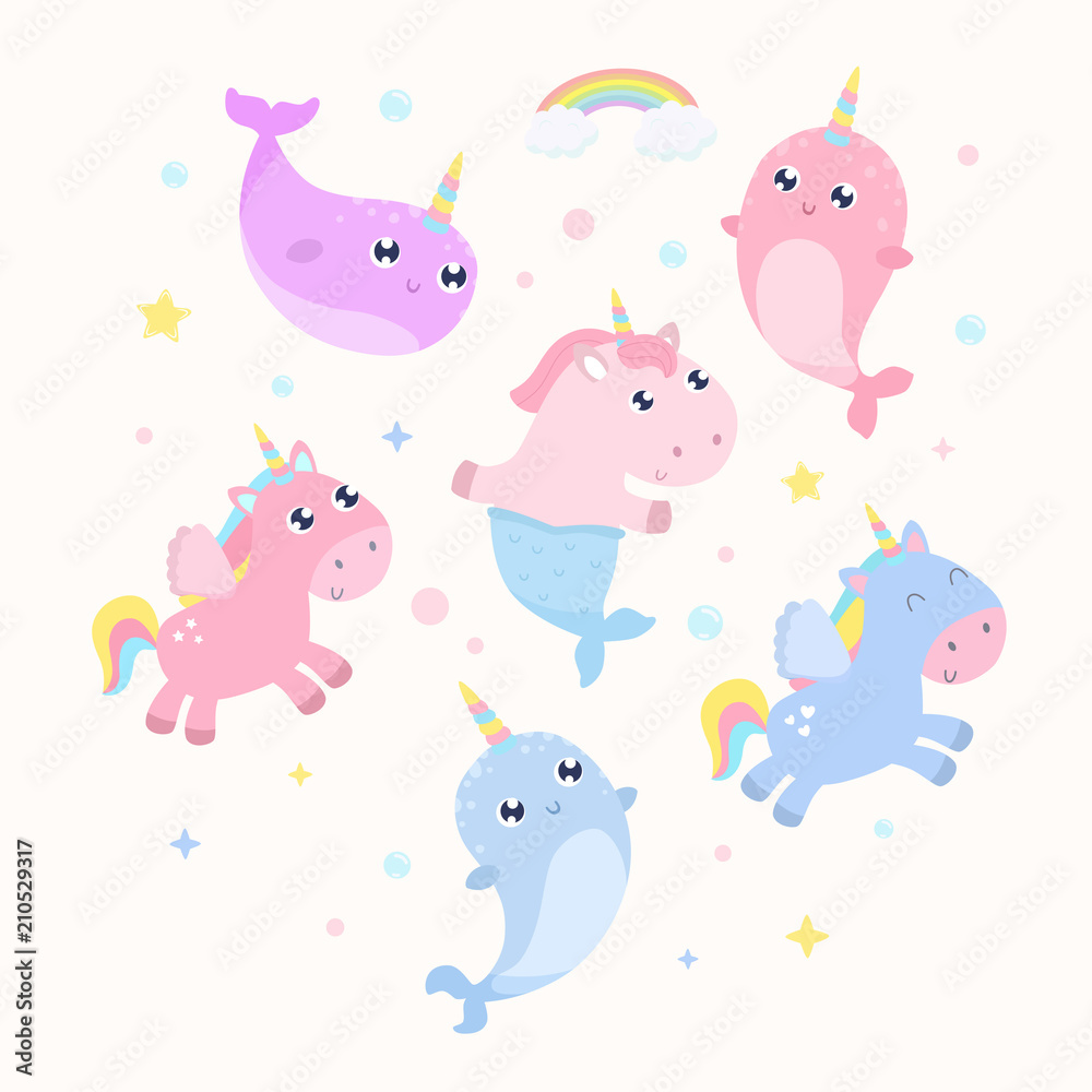 Magical creatures. Narwhal, unicorn mermaid, pegasus vector illustration