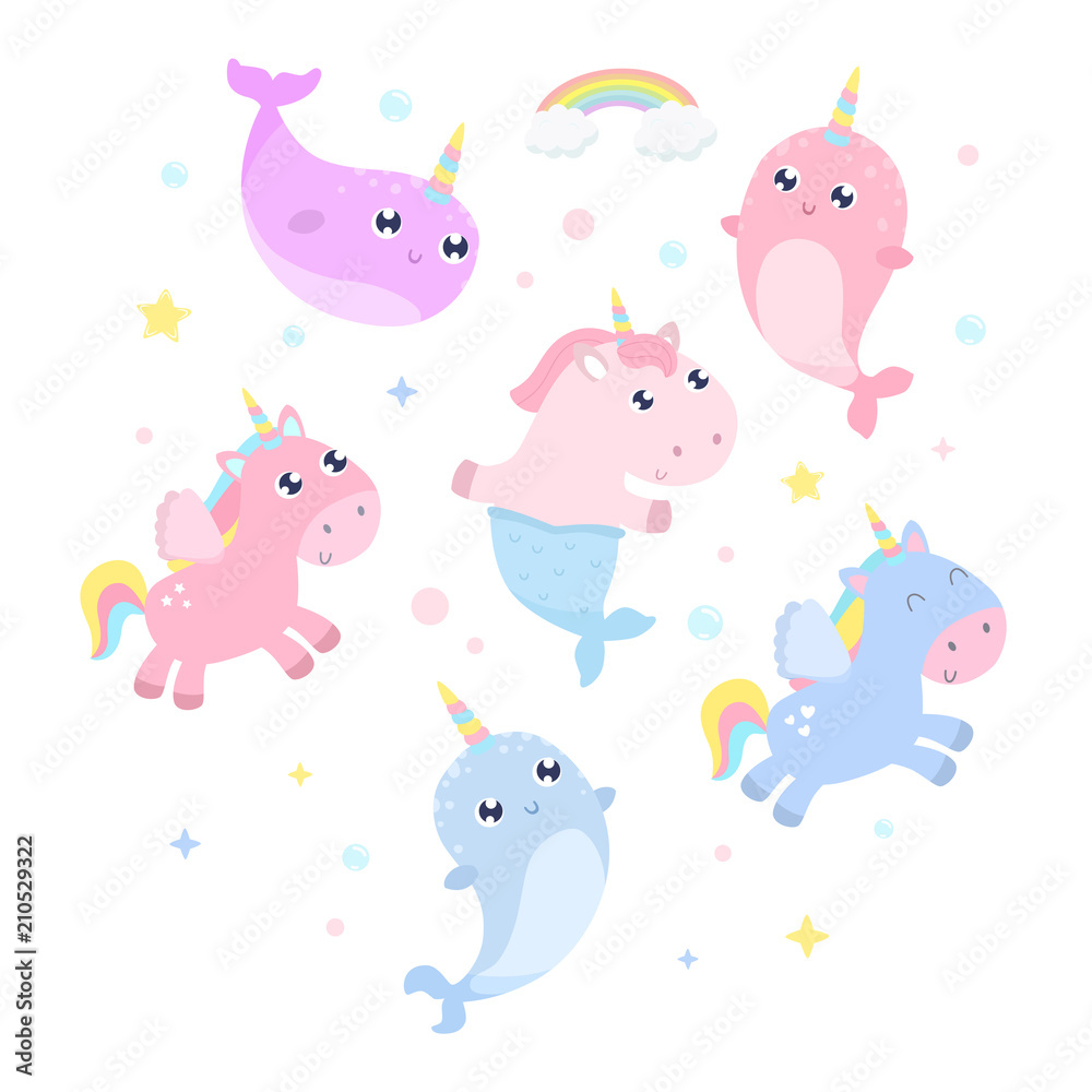 Magical creatures. Narwhal, unicorn mermaid, pegasus vector illustration