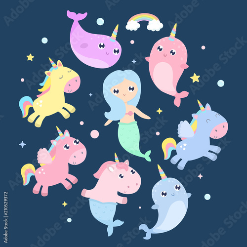 Magical creatures. Narwhal  unicorn mermaid  pegasus vector illustration