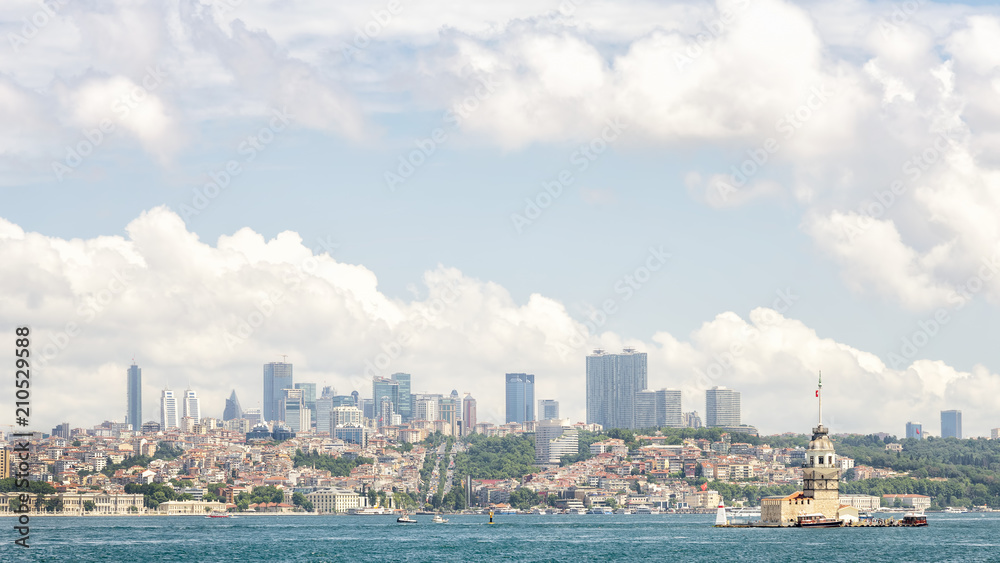 Wide Angle View Of Bosphorus With Maiden's Tower, Istanbul, Turkey