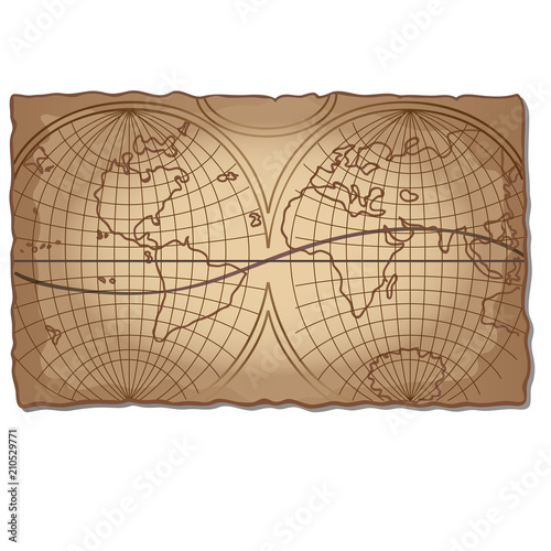 Vintage world map on the faded old piece of paper isolated on white background. Vector cartoon close-up illustration.