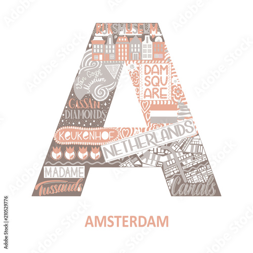 Amsterdam abstract sight map. Pink pastel color. City alphabet typography. Vector illustration