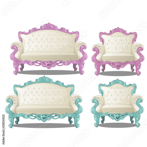 Set of vintage sofas and chairs. Furniture for interior vintage style isolated on a white background. Cartoon vector close-up illustration.