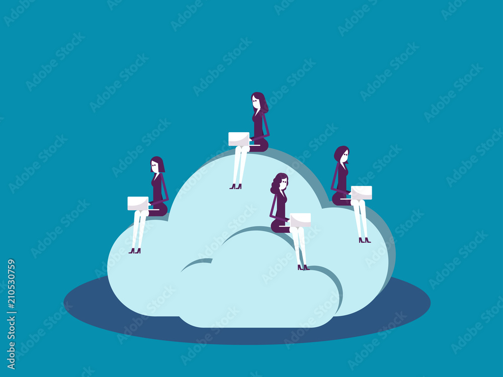 Fototapeta premium Business team sitting on cloud and working. Vector illustration office worker business concept, Marketing online, Data technology.