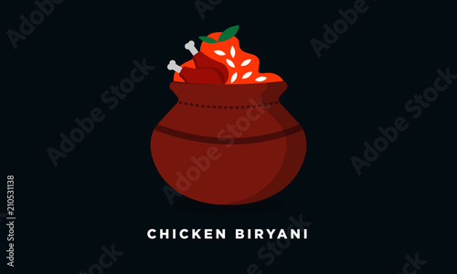 Chicken Biryani Vector Illustration. Biryani in Clay Pot Concept. Indian Cuisine Meal / Dish.