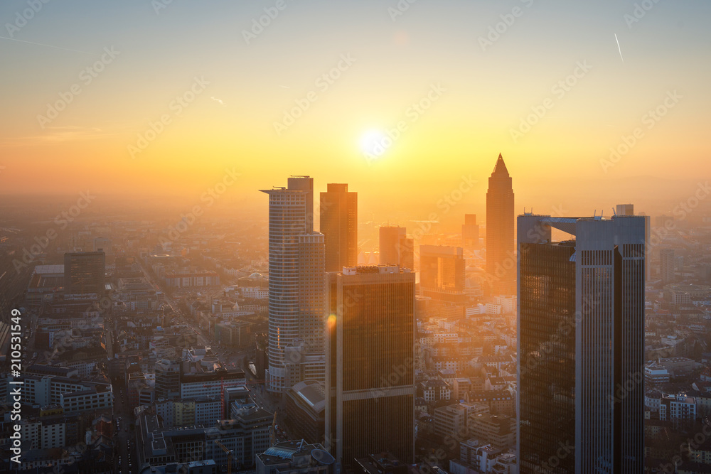 Frankfurt am Main - Beautiful sunset aerilal view of the financial district