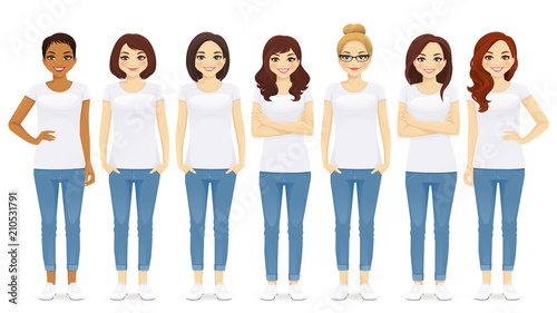 Group of young women standing in white t-shirts isolated