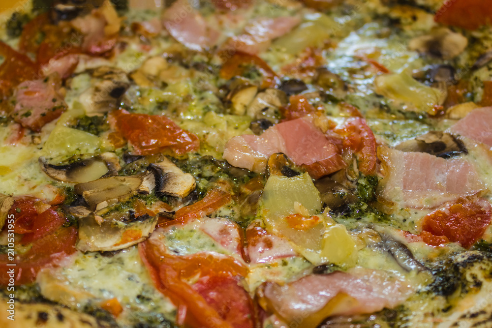 Pizza with bacon and vegetables. Pizza with bacon and vegetables.