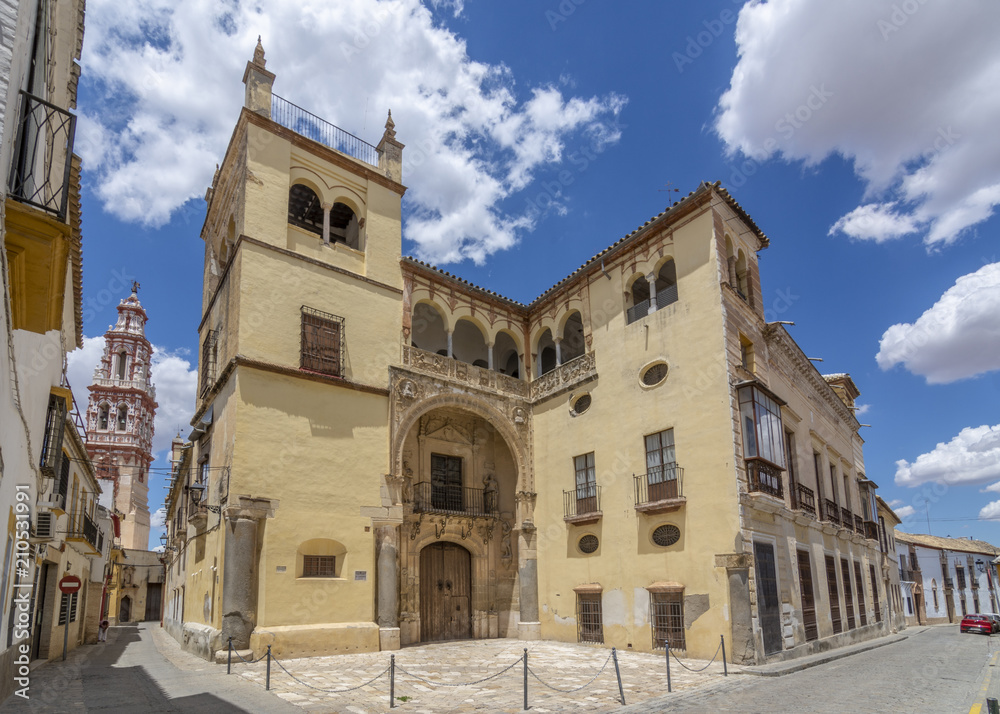 Palacio de Valdehermoso con campanario iglesia de San Juan Bautista en Ecija, Sevilla