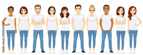 Group of young people standing in white t-shirts isolated