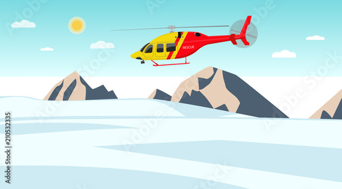 Helicopter rescuer patrols over the glacier. Vector illustration