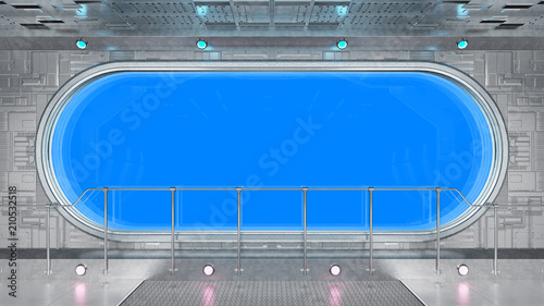 Fototapeta Naklejka Na Ścianę i Meble -  White tech spaceship round window interior background 3D rendering