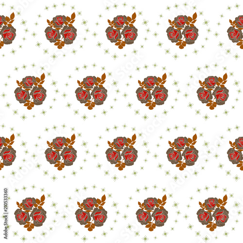 Dark red roses and stars seamless vector background - pattern for continuous replicate in contrast colors.