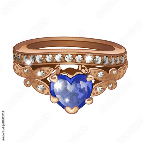Exclusive ring made of gold with inlaid blue sapphire isolated on white background. An instance of boutique jewelry. Vector illustration.