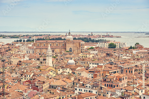 View over Venice and its different quarters   Architecture  rooftops and houses of Venice in Italy seen from St. Mark s Tower