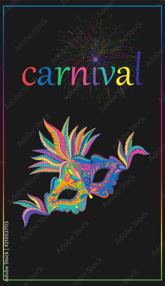 Black carnival background with colour mask and firework.