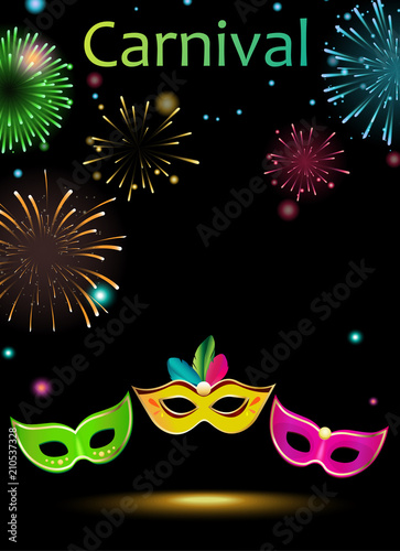 Black carnival background with masks and fireworks.