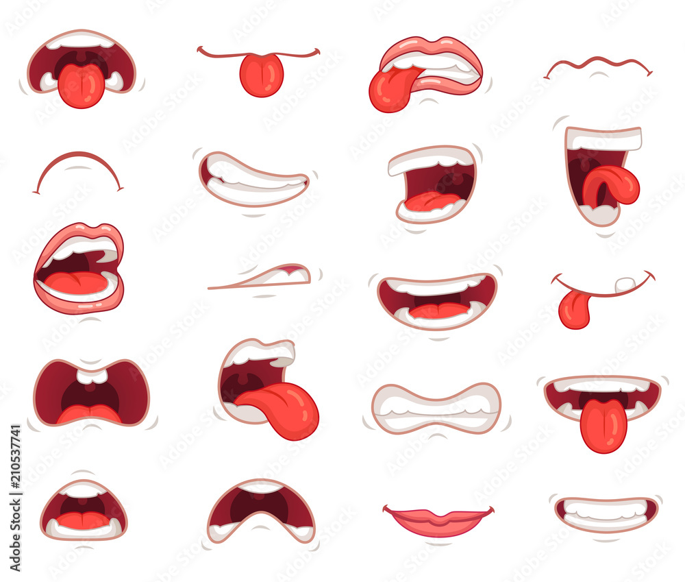 Funny mouths. Facial expressions, cartoon lips and tongues. Hand drawing  laughing show tongue, happy and sad mouth poses vector set Stock Vector |  Adobe Stock