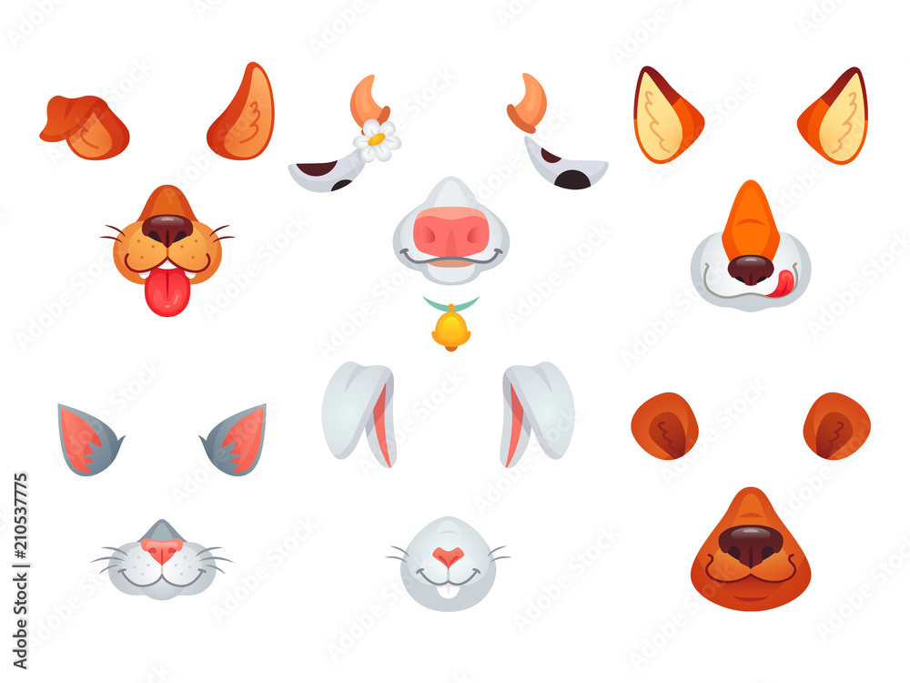 Animal masks. Video chat dog, cat, fox, bear, bunny and cow mask. Phone  photo face filter with animals ears and nose vector set Stock Vector |  Adobe Stock